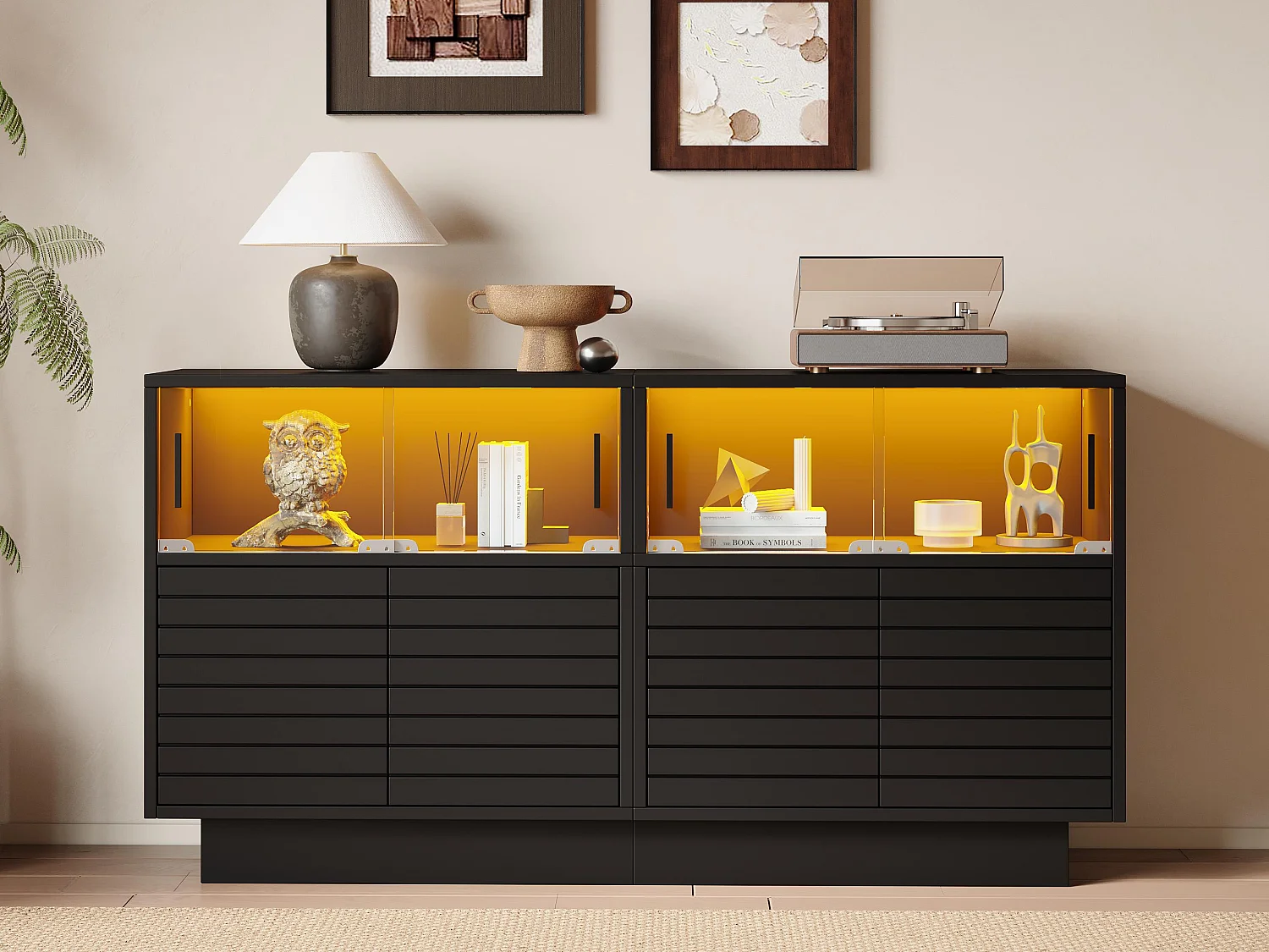Buffet 130x35x68cm - avec 2 armoires - 4 portes - avec éclairage LED - noir