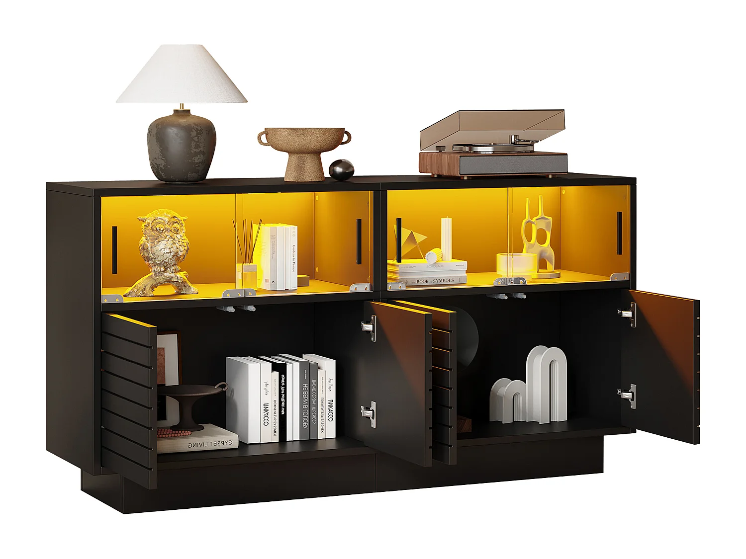 Buffet 130x35x68cm - avec 2 armoires - 4 portes - avec éclairage LED - noir