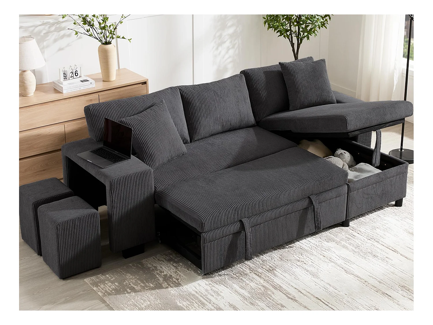 3-zits hoekbank - met USB-oplaadpoorten - met kussens - verstelbare hoekbank - grijs
