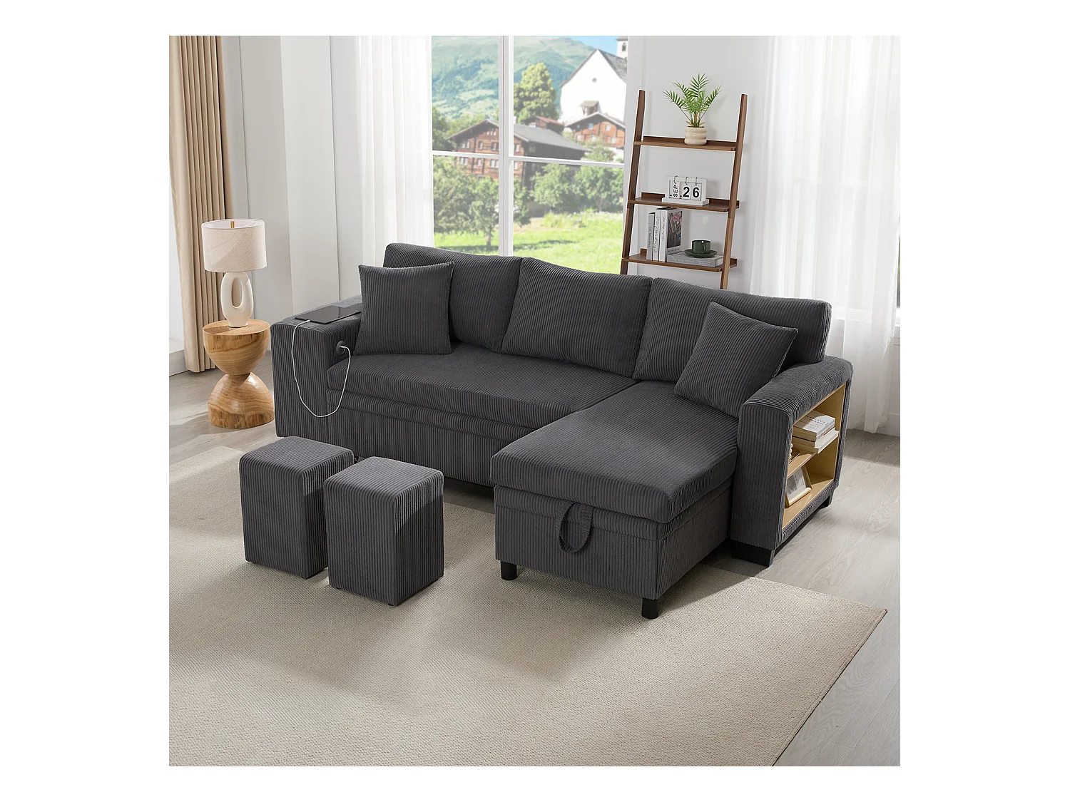 3-zits hoekbank - met USB-oplaadpoorten - met kussens - verstelbare hoekbank - grijs