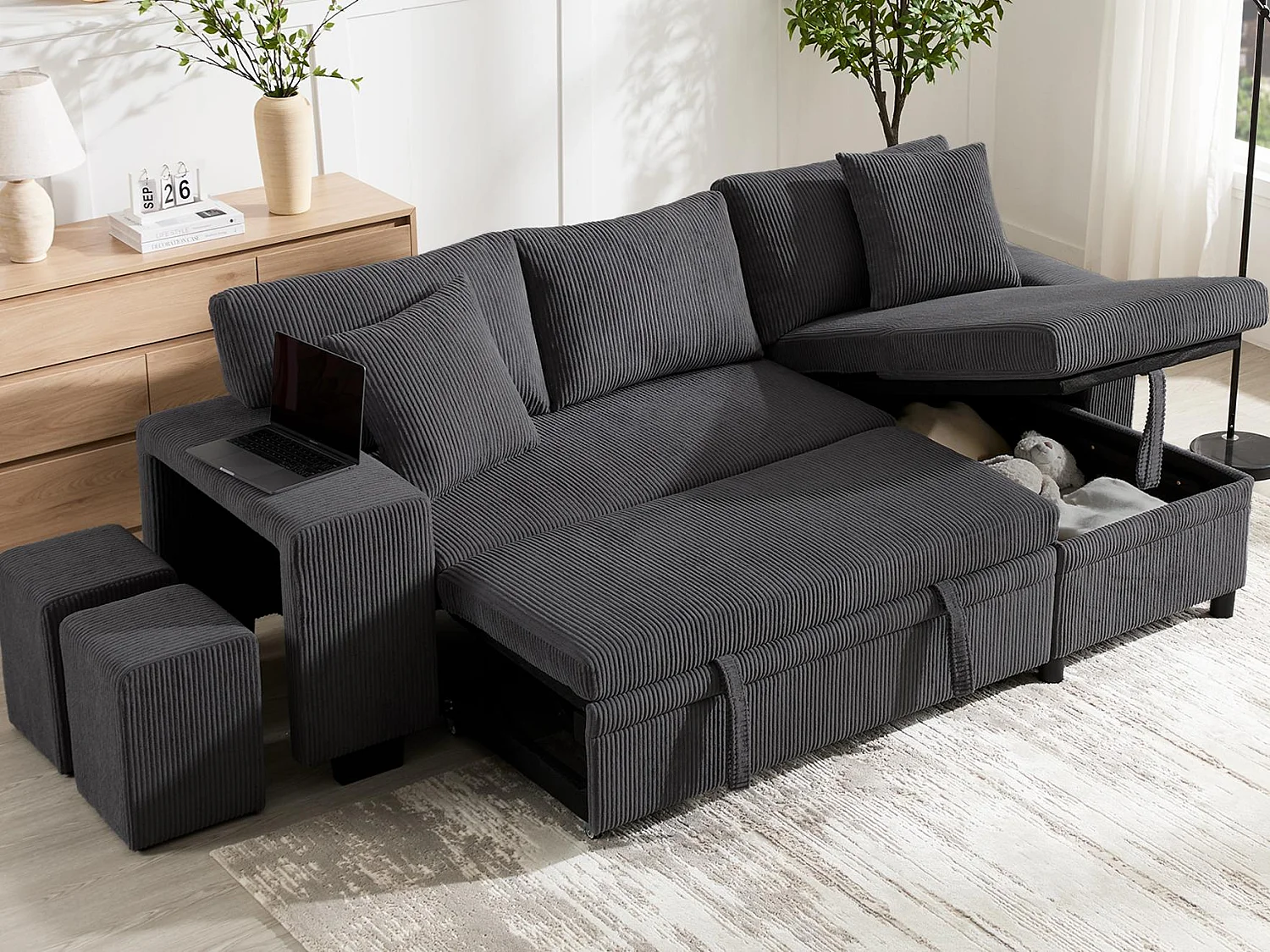 Canapé 3 places en L - avec ports de charge USB - avec coussins - canapé d'angle convertible - Gris