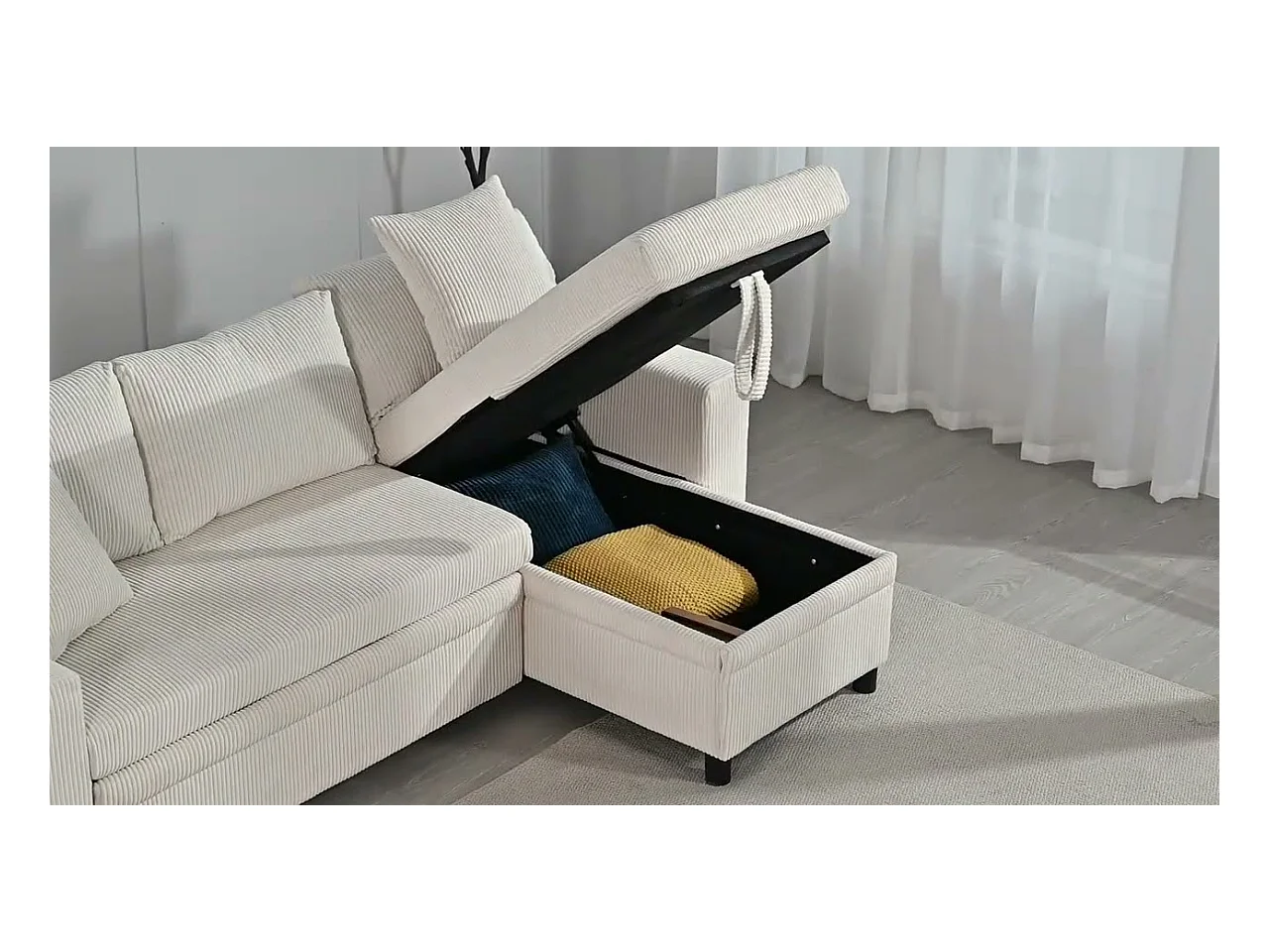 Canapé 3 places en L - avec ports de charge USB - avec coussins - canapé d'angle convertible - Beige