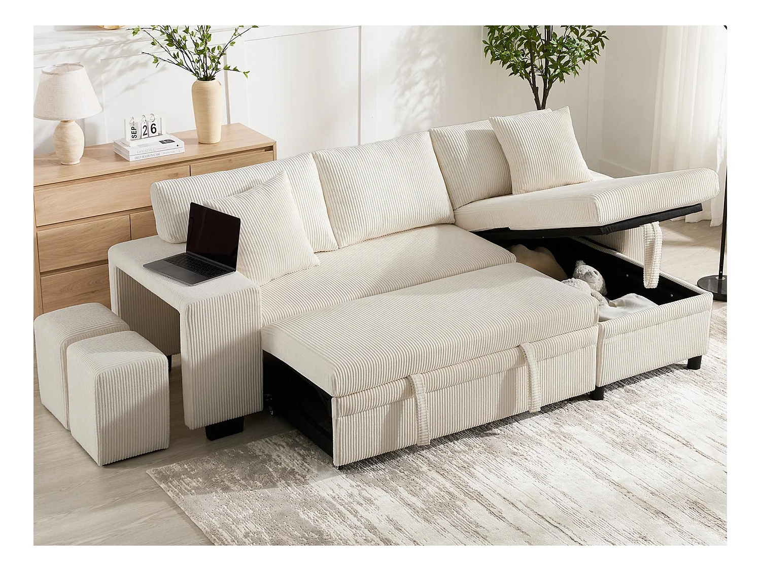 3-zits hoekbank - met USB-oplaadpoorten - met kussens - verstelbare hoekbank - beige