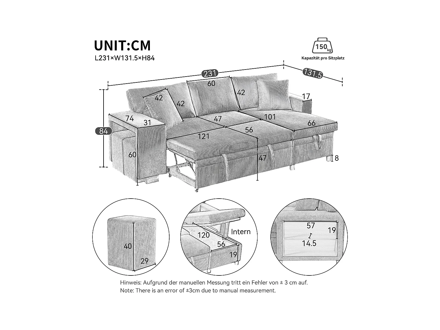 3-zits hoekbank - met USB-oplaadpoorten - met kussens - verstelbare hoekbank - beige