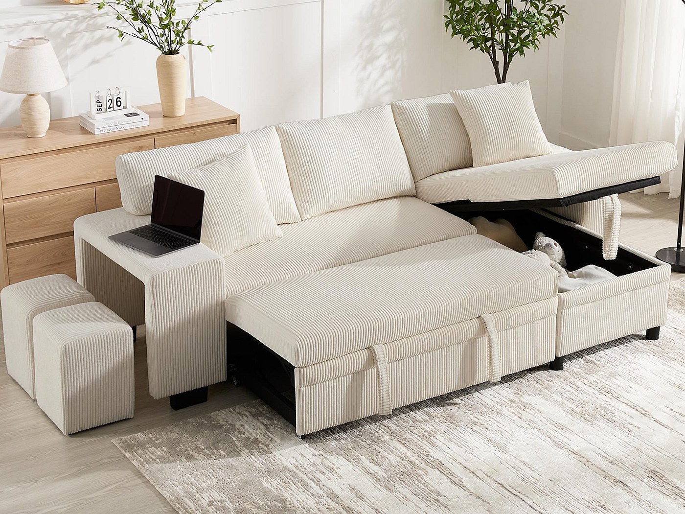 Canapé D'angle Convertible 3 Places Avec USB-C - Velours Côtelé Beige - Repose-pieds, Rangements Et Porte-gobelets - Livré En 3 Colis