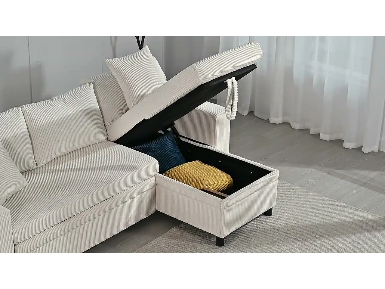 Canapé 3 places en L - avec ports de charge USB - avec coussins - canapé d'angle convertible - Beige