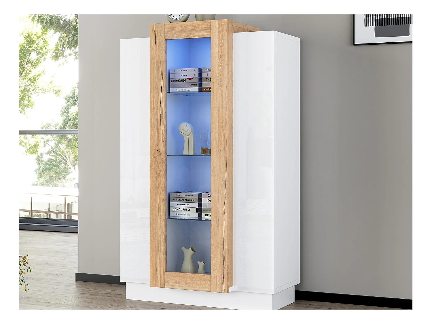 Vitrine 74×40×120 cm - com 3 portas - com iluminação LED - com prateleiras de vidro - branco + natural