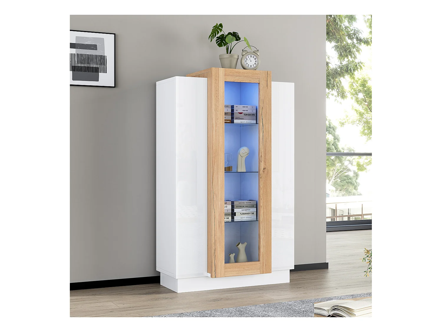 Vitrine 74×40×120 cm - com 3 portas - com iluminação LED - com prateleiras de vidro - branco + natural