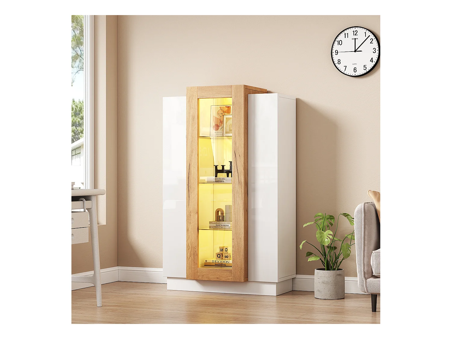 Vitrine 74×40×120 cm - com 3 portas - com iluminação LED - com prateleiras de vidro - branco + natural