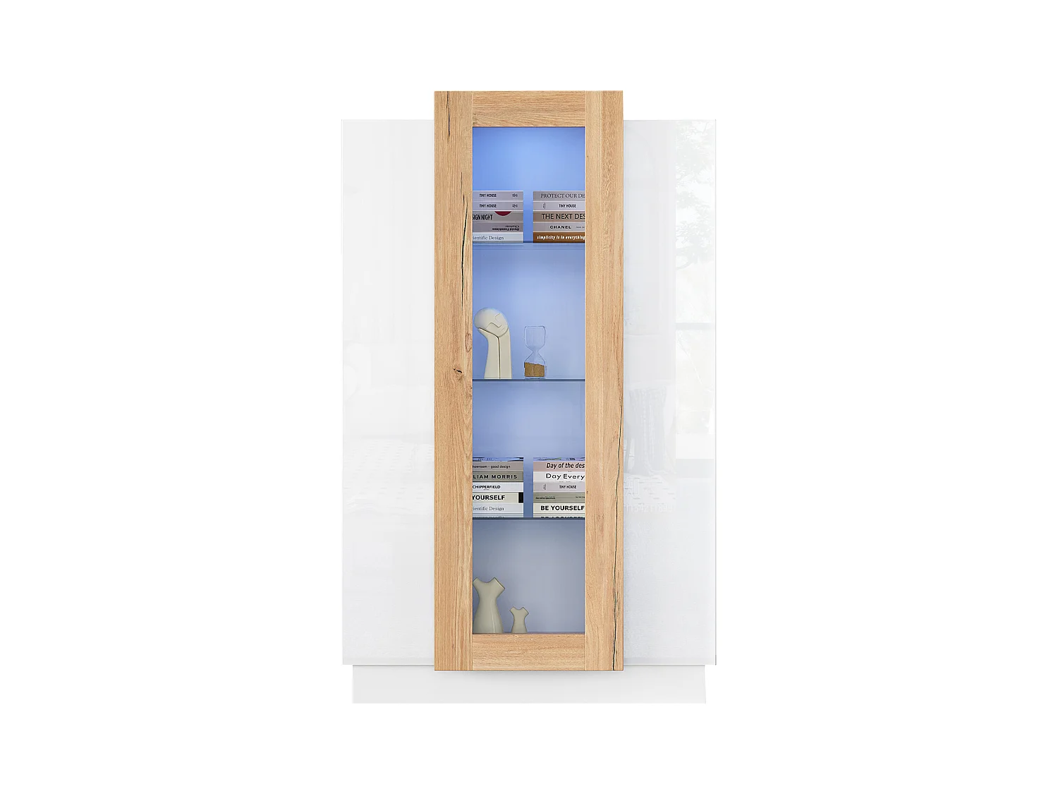 Vitrine 74×40×120 cm - com 3 portas - com iluminação LED - com prateleiras de vidro - branco + natural