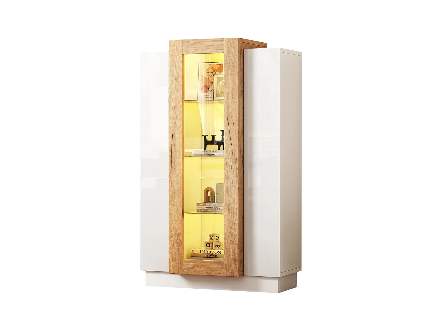 Vitrine 74×40×120 cm - com 3 portas - com iluminação LED - com prateleiras de vidro - branco + natural