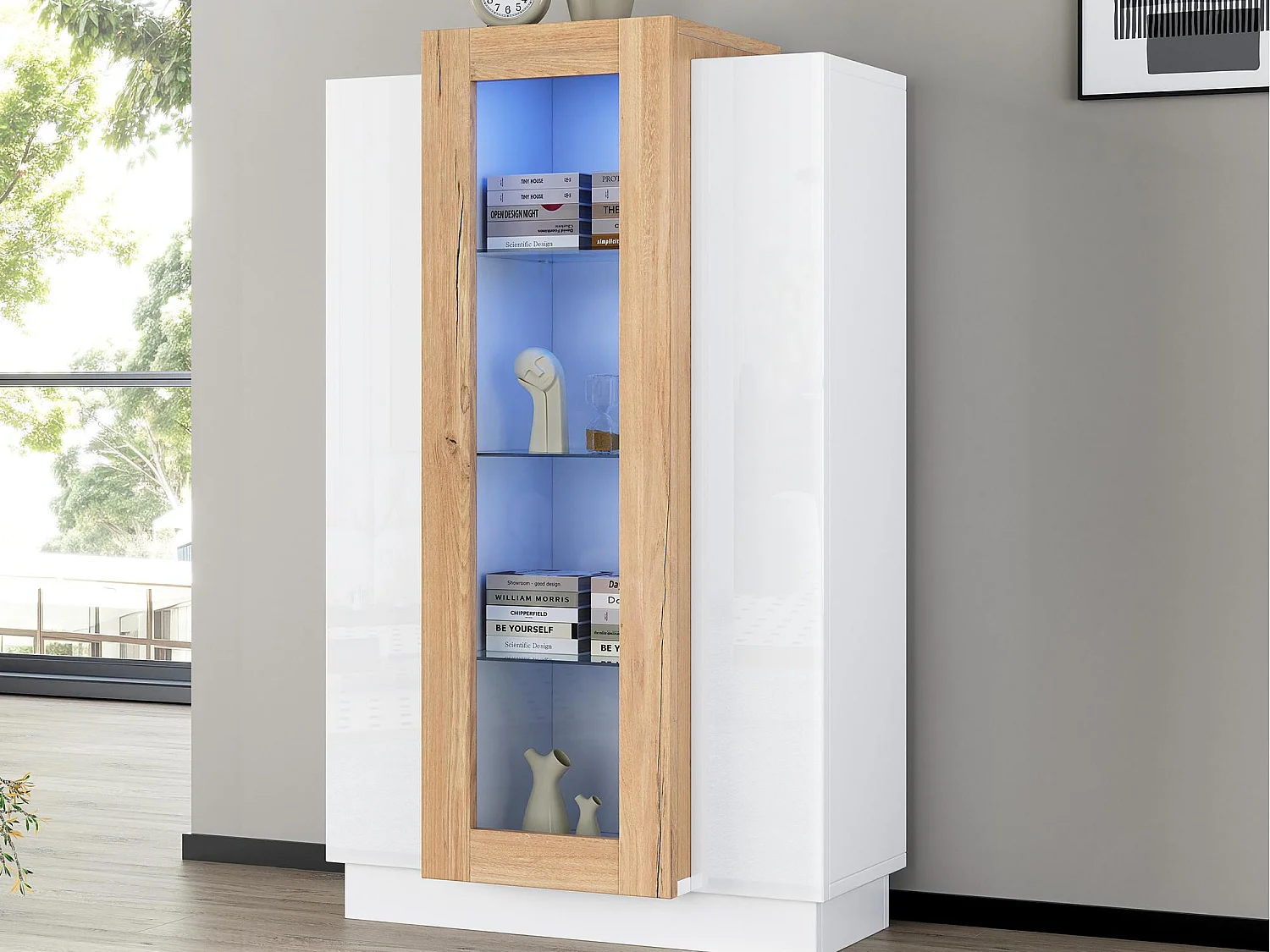 Vitrine 74x40x120cm - 3 portes - Avec éclairage LED - Avec étagères en verre - Blanc + Naturel