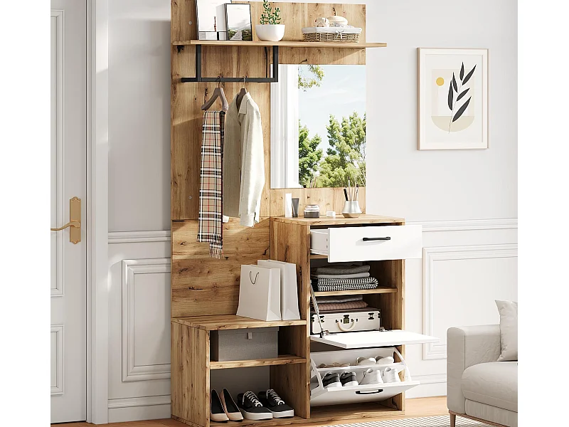 Vestiaire 100x38.5x190cm - avec miroir et meuble à chaussures - avec 1 tiroir et 2 compartiments - blanc + naturel