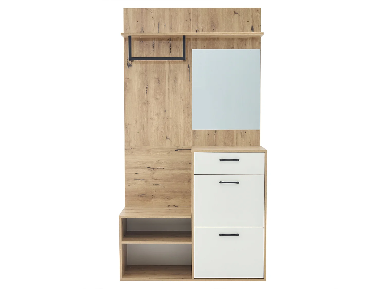 Vestiaire 100x38.5x190cm - avec miroir et meuble à chaussures - avec 1 tiroir et 2 compartiments - blanc + naturel