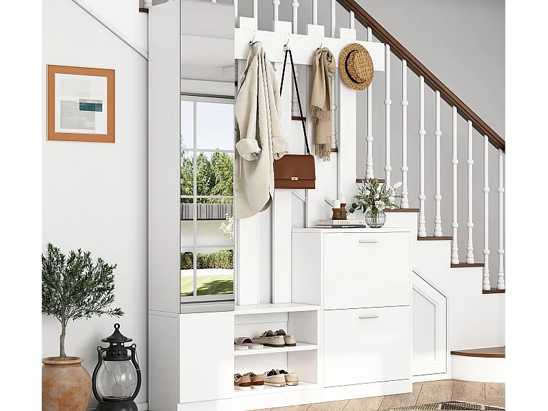 Ensemble vestiaire d'entrée 135x25x180cm - avec porte-manteau et 2 armoires à chaussures - avec miroir et crochets - blanc