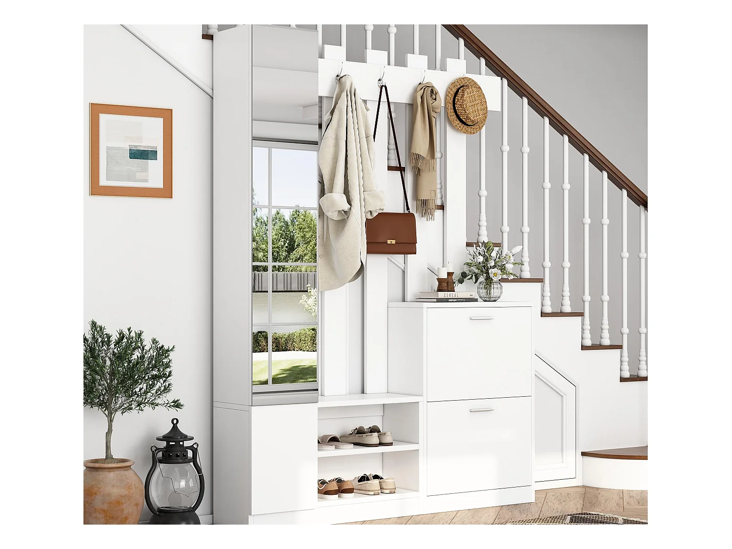 Zestaw przedpokojowy 135×25×180 cm - z wieszakiem i 2 szafkami na buty - z lustrem i haczykami - biały
