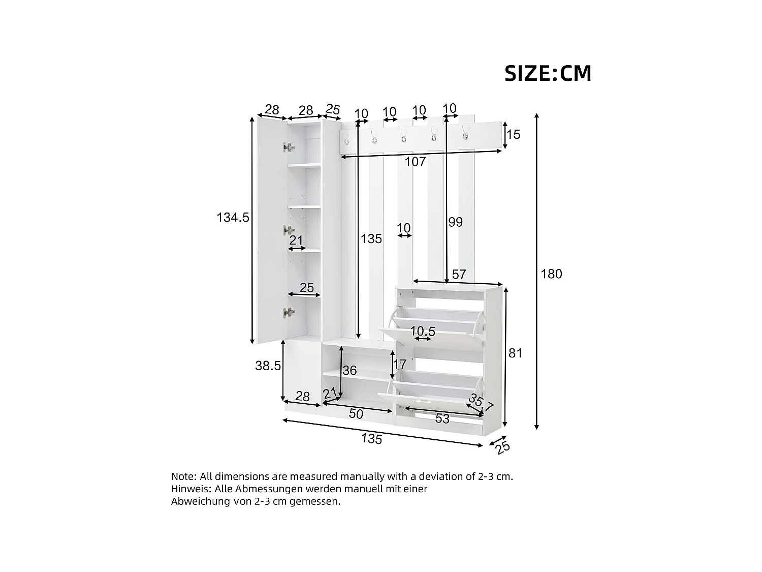Zestaw przedpokojowy 135×25×180 cm - z wieszakiem i 2 szafkami na buty - z lustrem i haczykami - biały