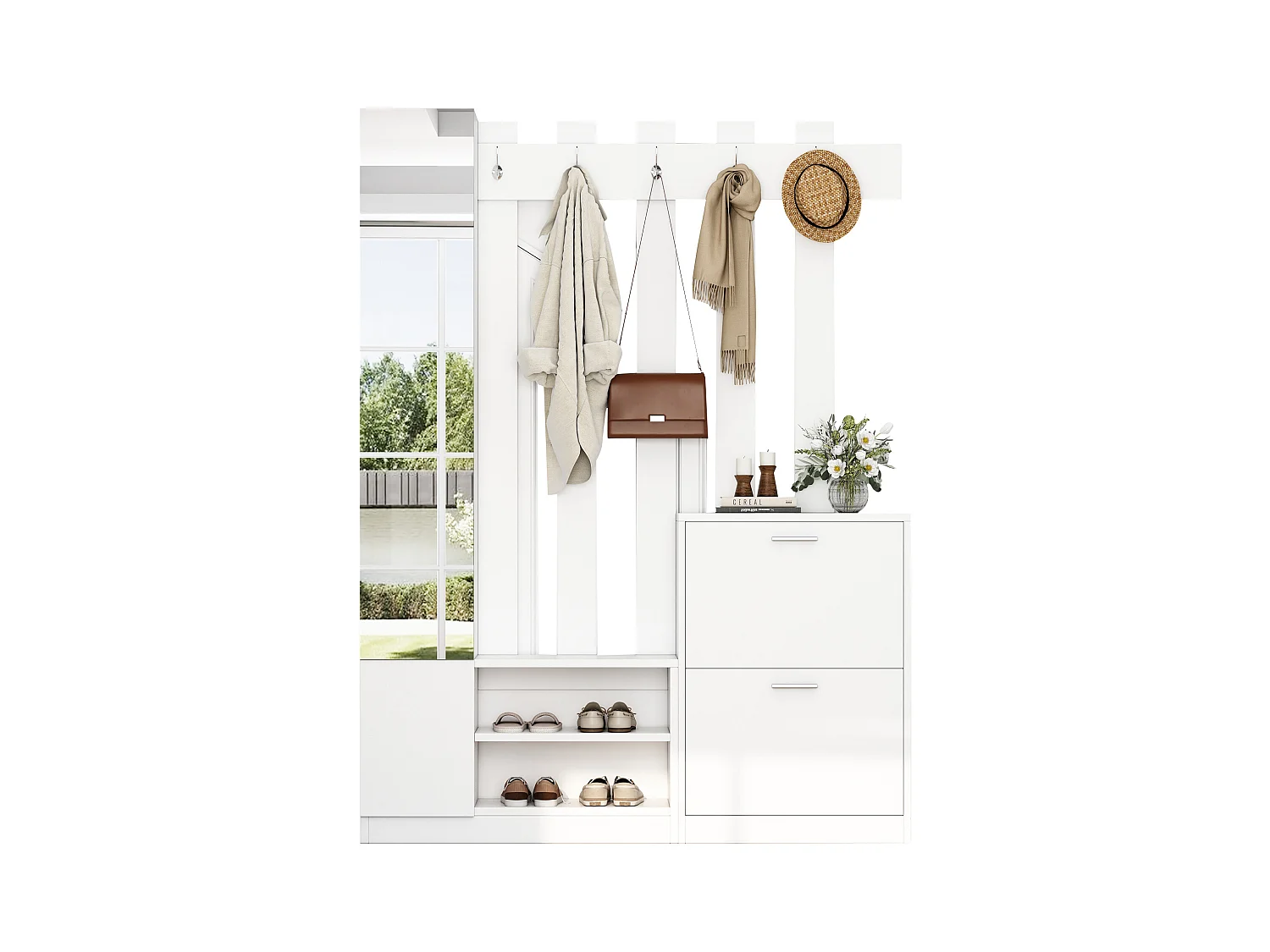 Zestaw przedpokojowy 135×25×180 cm - z wieszakiem i 2 szafkami na buty - z lustrem i haczykami - biały