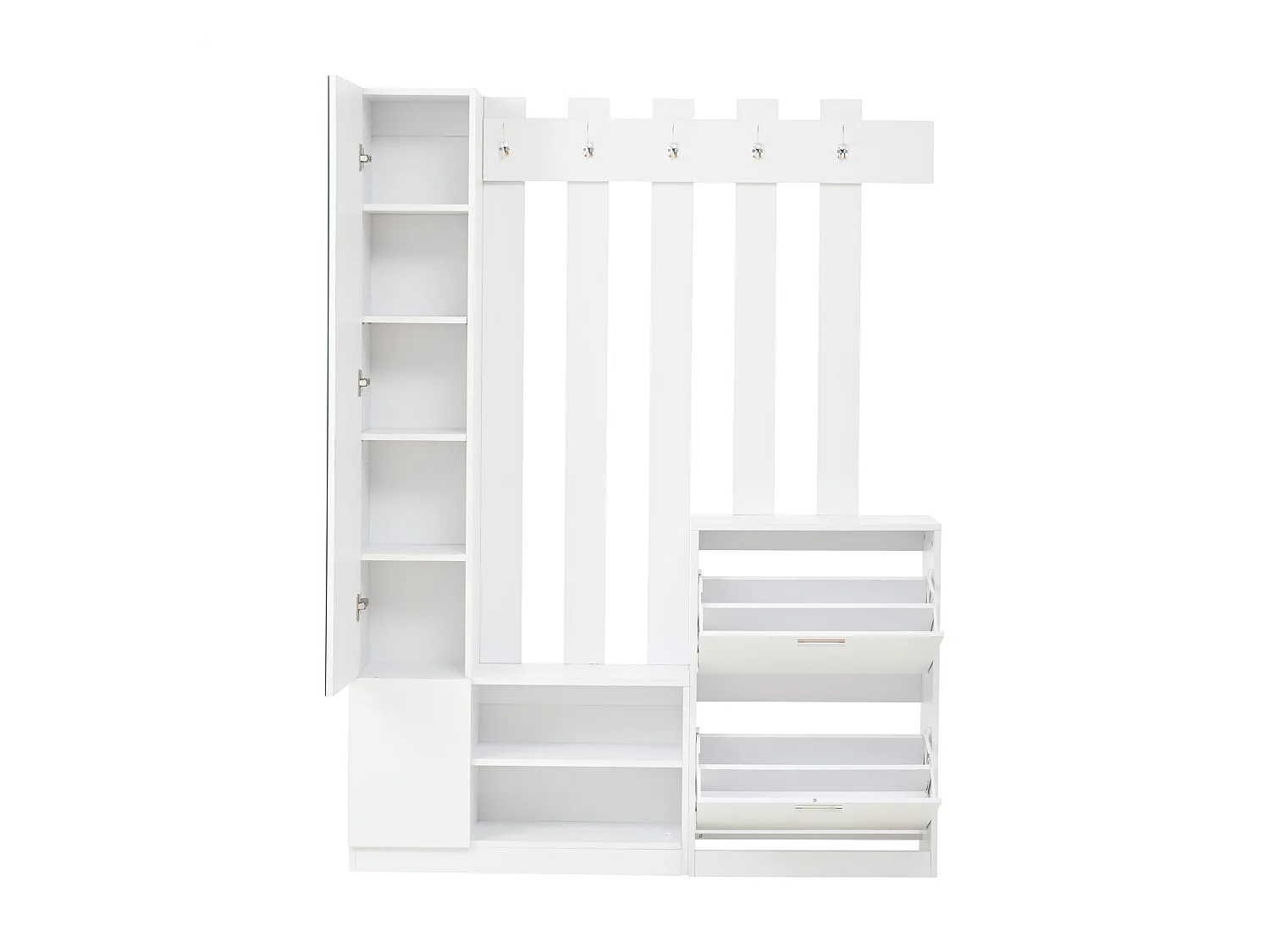 Zestaw przedpokojowy 135×25×180 cm - z wieszakiem i 2 szafkami na buty - z lustrem i haczykami - biały