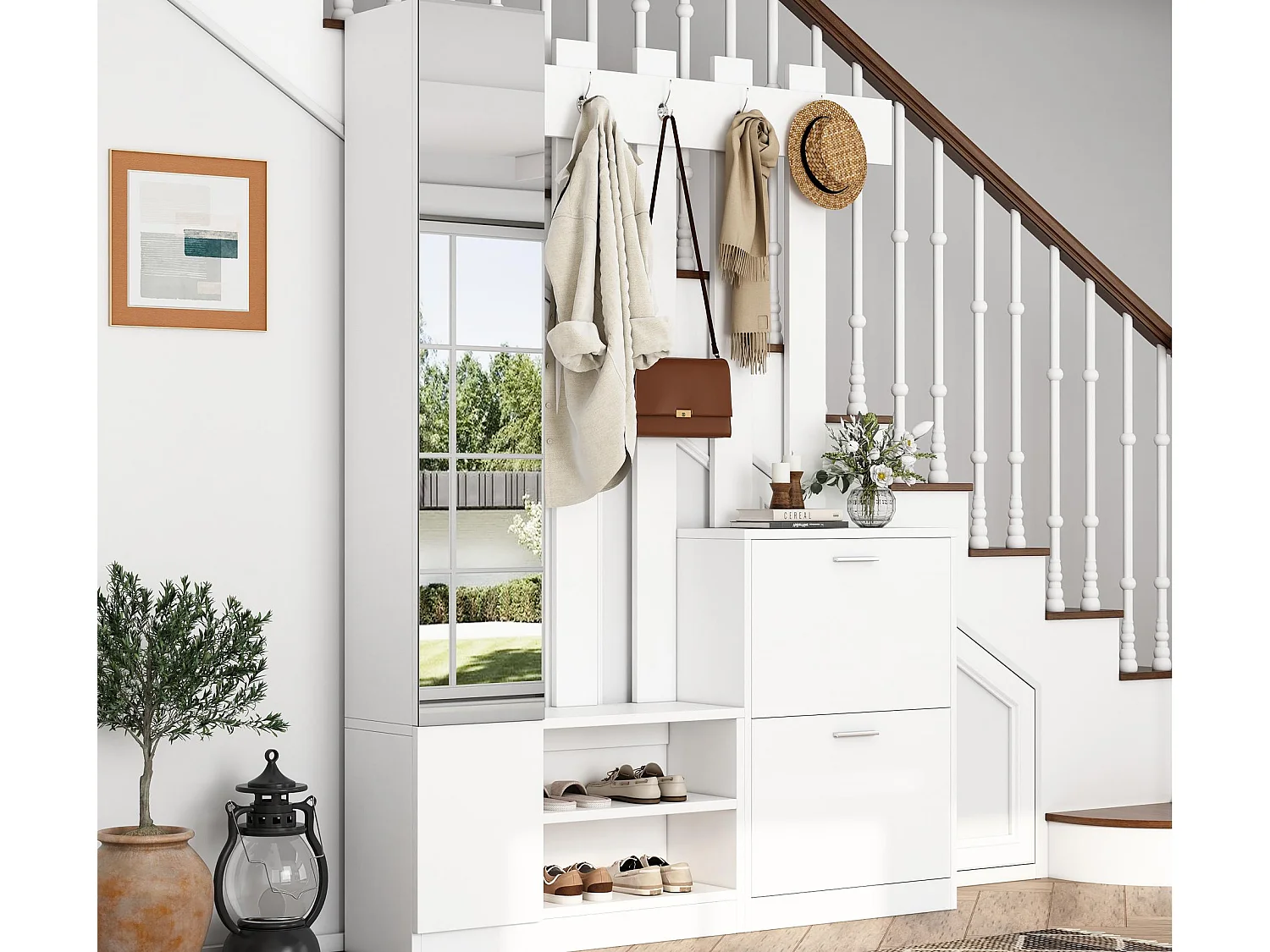 Ensemble vestiaire d'entrée 135x25x180cm - avec porte-manteau et 2 armoires à chaussures - avec miroir et crochets - blanc