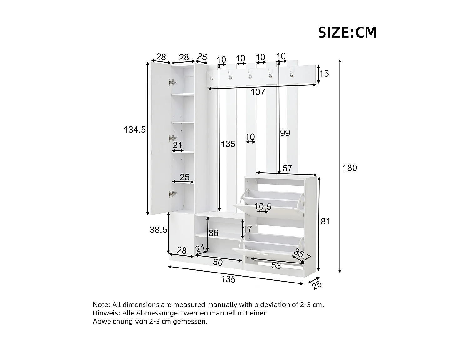 Ensemble vestiaire d'entrée 135x25x180cm - avec porte-manteau et 2 armoires à chaussures - avec miroir et crochets - blanc