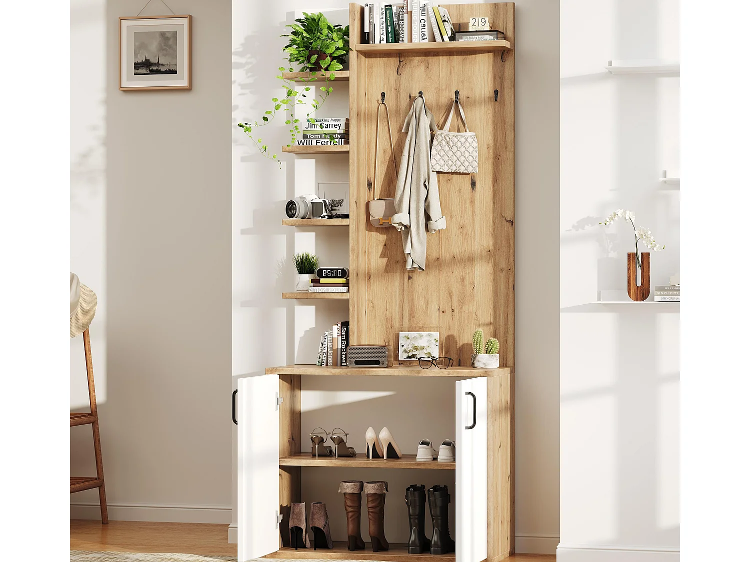 Garderobenschrank 75×33×180 cm - mit Kleiderhaken und Schuhregal - 5 Fächer - 2 Türen - natur + weiß