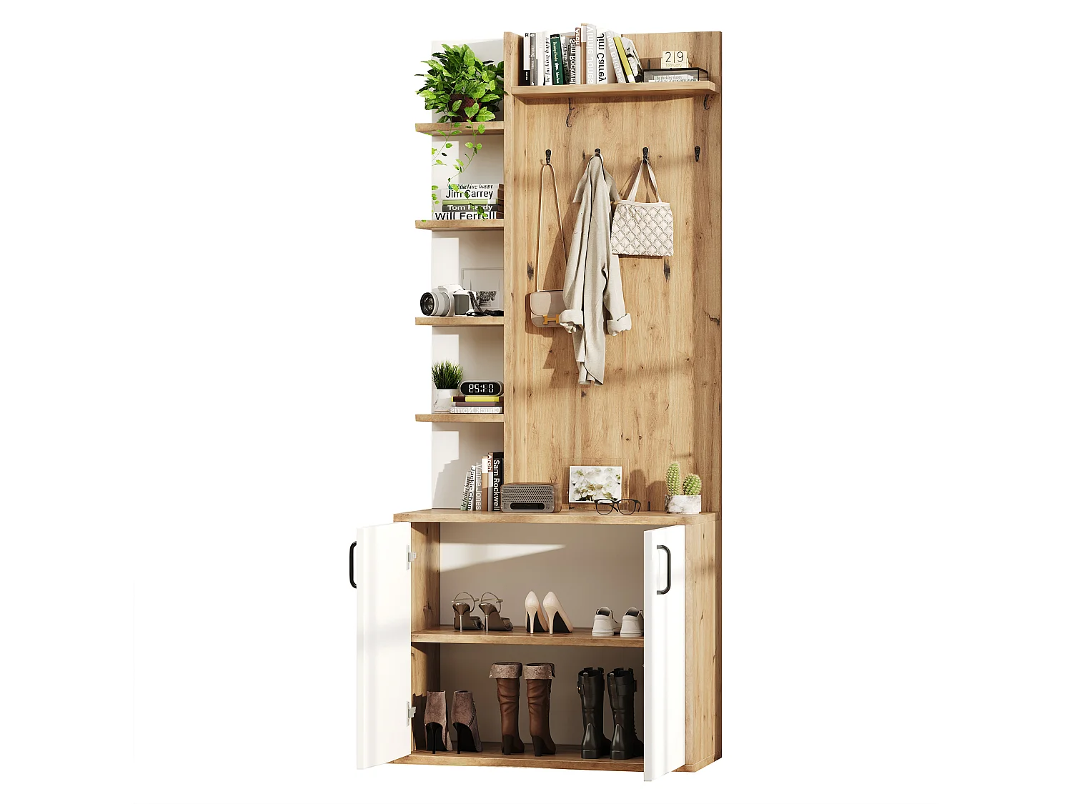 Garderobenschrank 75×33×180 cm - mit Kleiderhaken und Schuhregal - 5 Fächer - 2 Türen - natur + weiß