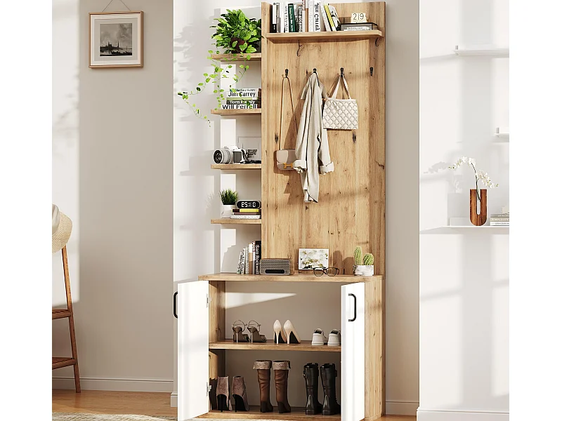 Garderobenschrank 75×33×180 cm - mit Kleiderhaken und Schuhregal - 5 Fächer - 2 Türen - natur + weiß