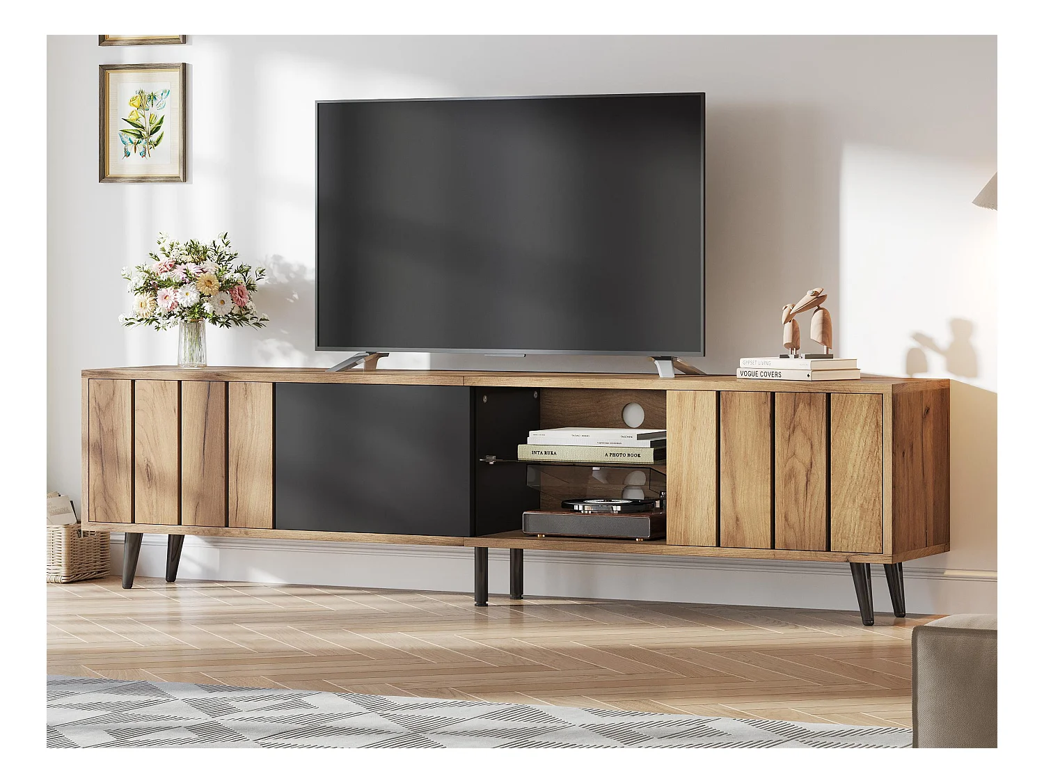 TV-Schrank 175×31,5×45 cm - 3 Türen - Geeignet für 75-Zoll-Fernseher - natur + schwarz