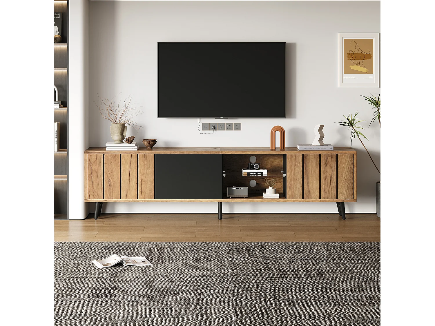 TV-Schrank 175×31,5×45 cm - 3 Türen - Geeignet für 75-Zoll-Fernseher - natur + schwarz