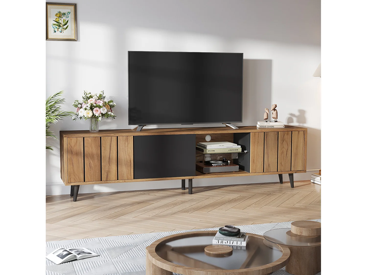 TV-Schrank 175×31,5×45 cm - 3 Türen - Geeignet für 75-Zoll-Fernseher - natur + schwarz