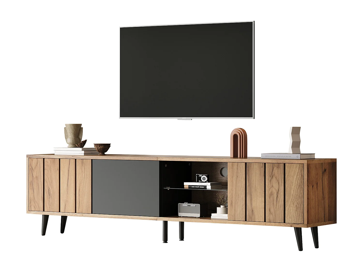 TV-Schrank 175×31,5×45 cm - 3 Türen - Geeignet für 75-Zoll-Fernseher - natur + schwarz