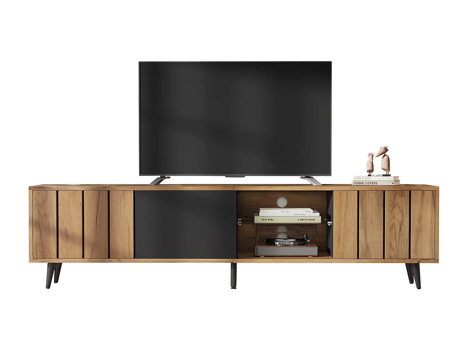 TV-Schrank 175×31,5×45 cm - 3 Türen - Geeignet für 75-Zoll-Fernseher - natur + schwarz
