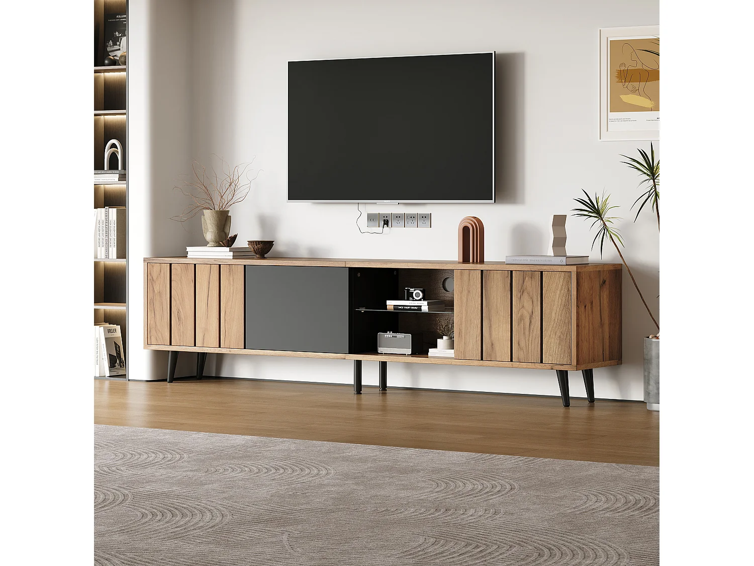 Meuble TV 175x31.5x45 cm - 3 portes - Convient pour téléviseur 75 pouces - Naturel + noir