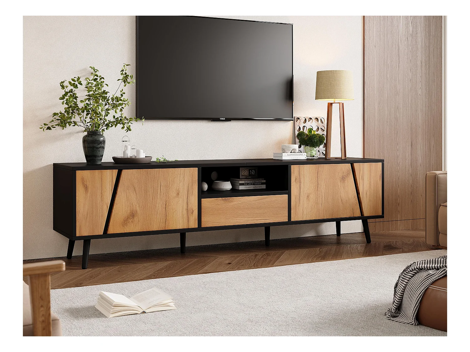 TV-Möbel 180×40×46 cm - mit 1 Schublade und 2 Türen - geeignet für 75-Zoll-Fernseher - schwarz + natur
