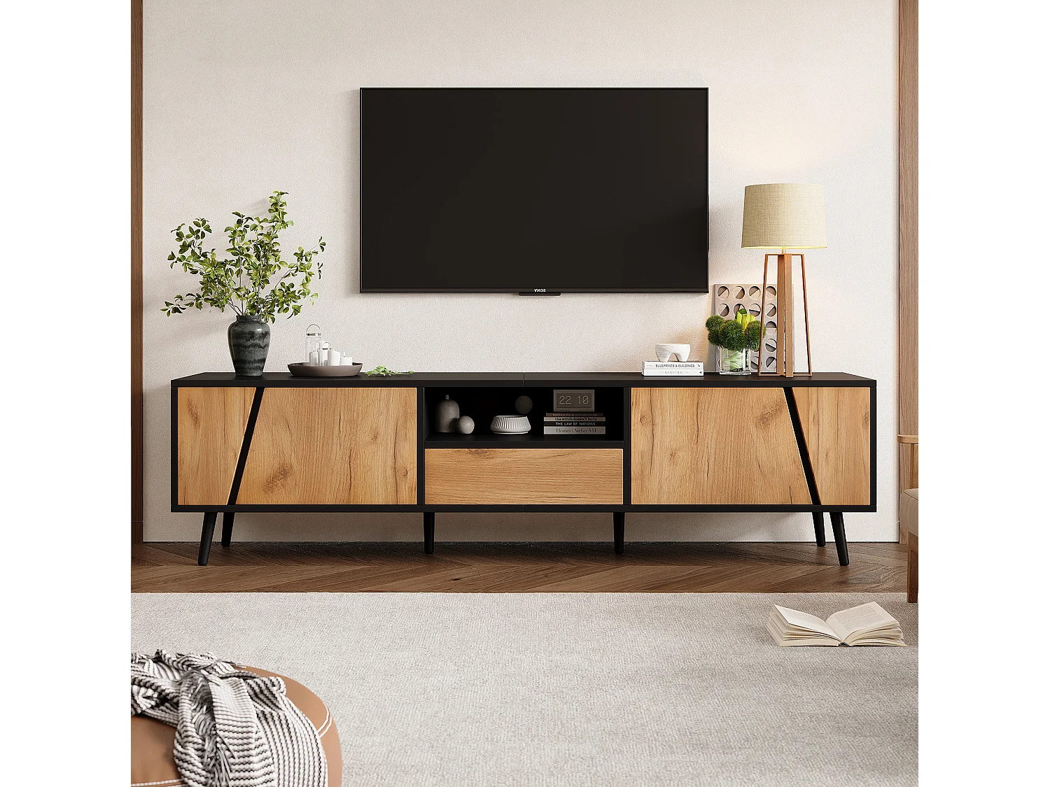 Meble pod TV 180×40×46 cm - z 1 szufladą i 2 drzwiami - pasuje do telewizora 75 cali - czarny + naturalny