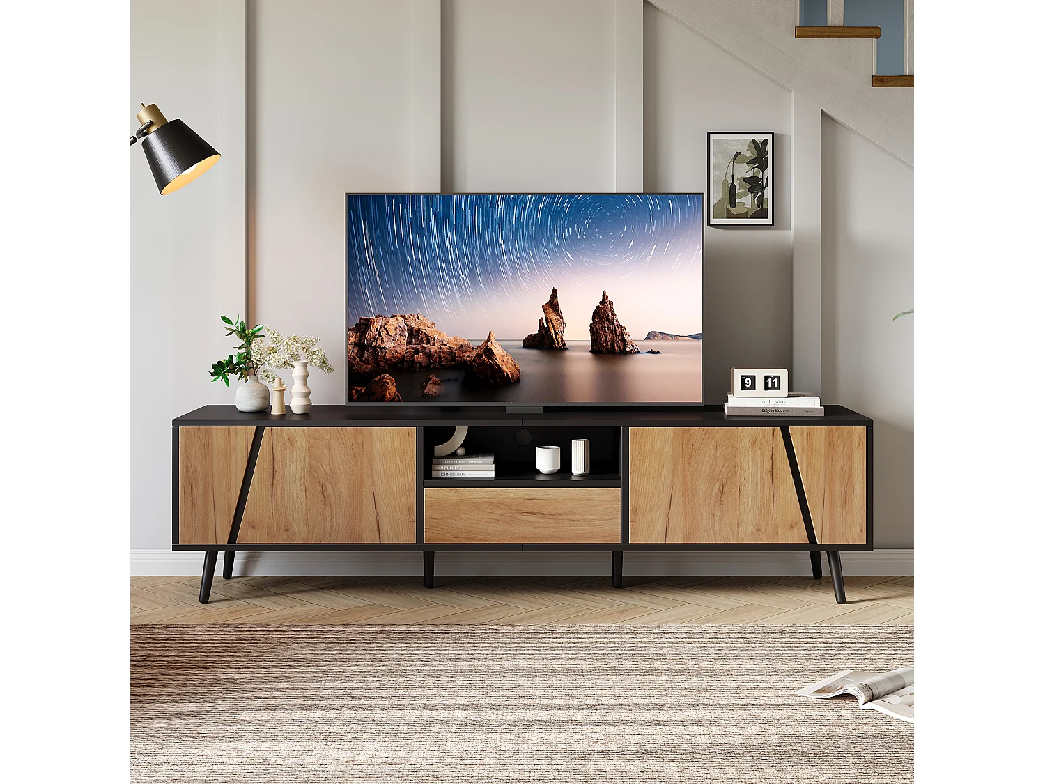 Meble pod TV 180×40×46 cm - z 1 szufladą i 2 drzwiami - pasuje do telewizora 75 cali - czarny + naturalny