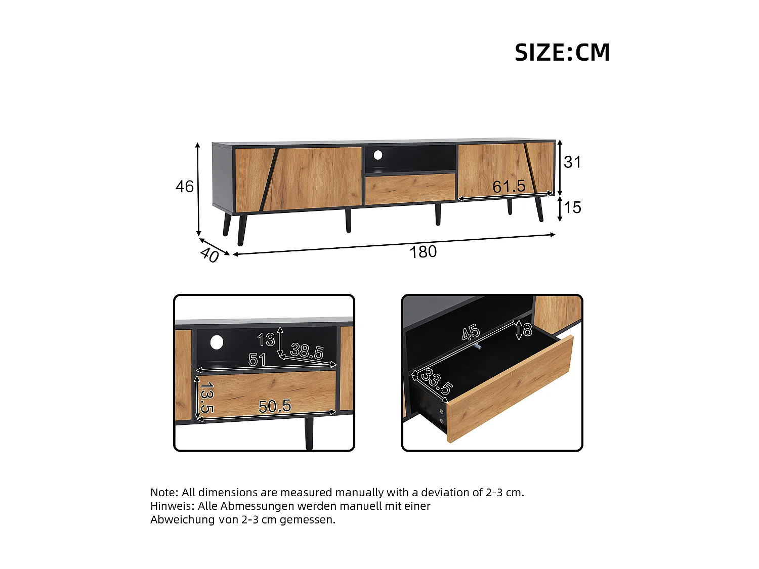 Meble pod TV 180×40×46 cm - z 1 szufladą i 2 drzwiami - pasuje do telewizora 75 cali - czarny + naturalny