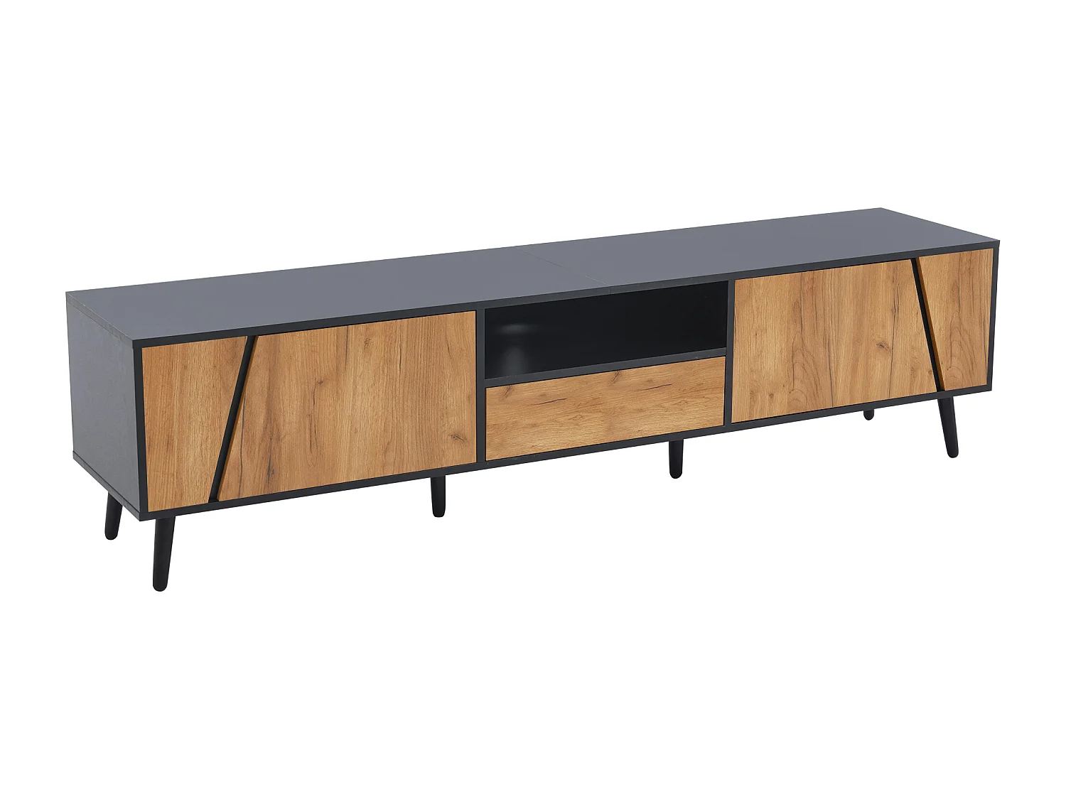 Meble pod TV 180×40×46 cm - z 1 szufladą i 2 drzwiami - pasuje do telewizora 75 cali - czarny + naturalny