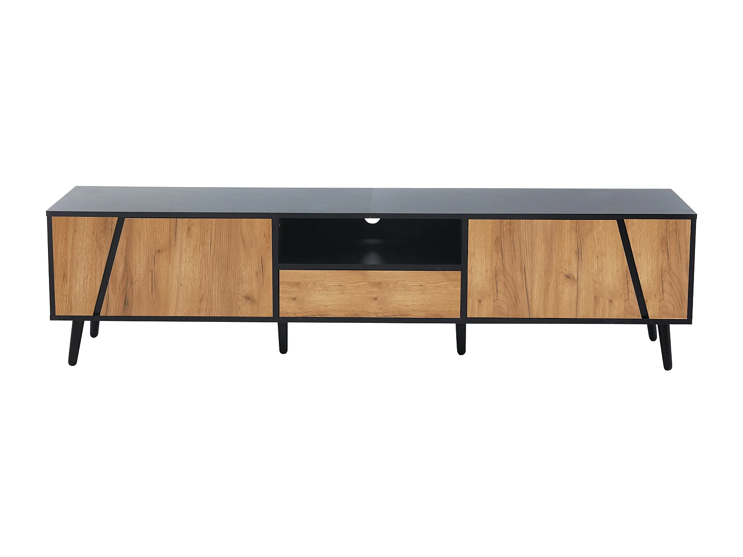Meble pod TV 180×40×46 cm - z 1 szufladą i 2 drzwiami - pasuje do telewizora 75 cali - czarny + naturalny
