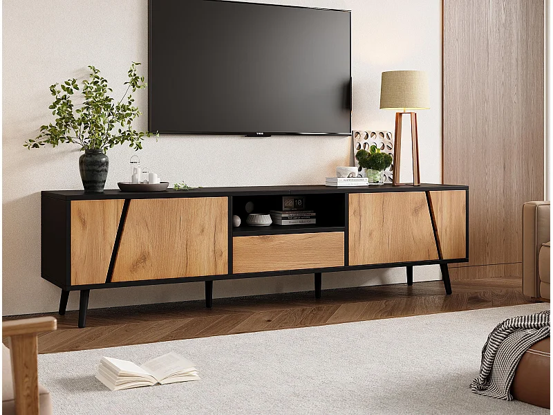 Mobile per TV 180×40×46 cm - con 1 cassetto e 2 ante - adatto per TV da 75 pollici - nero + naturale
