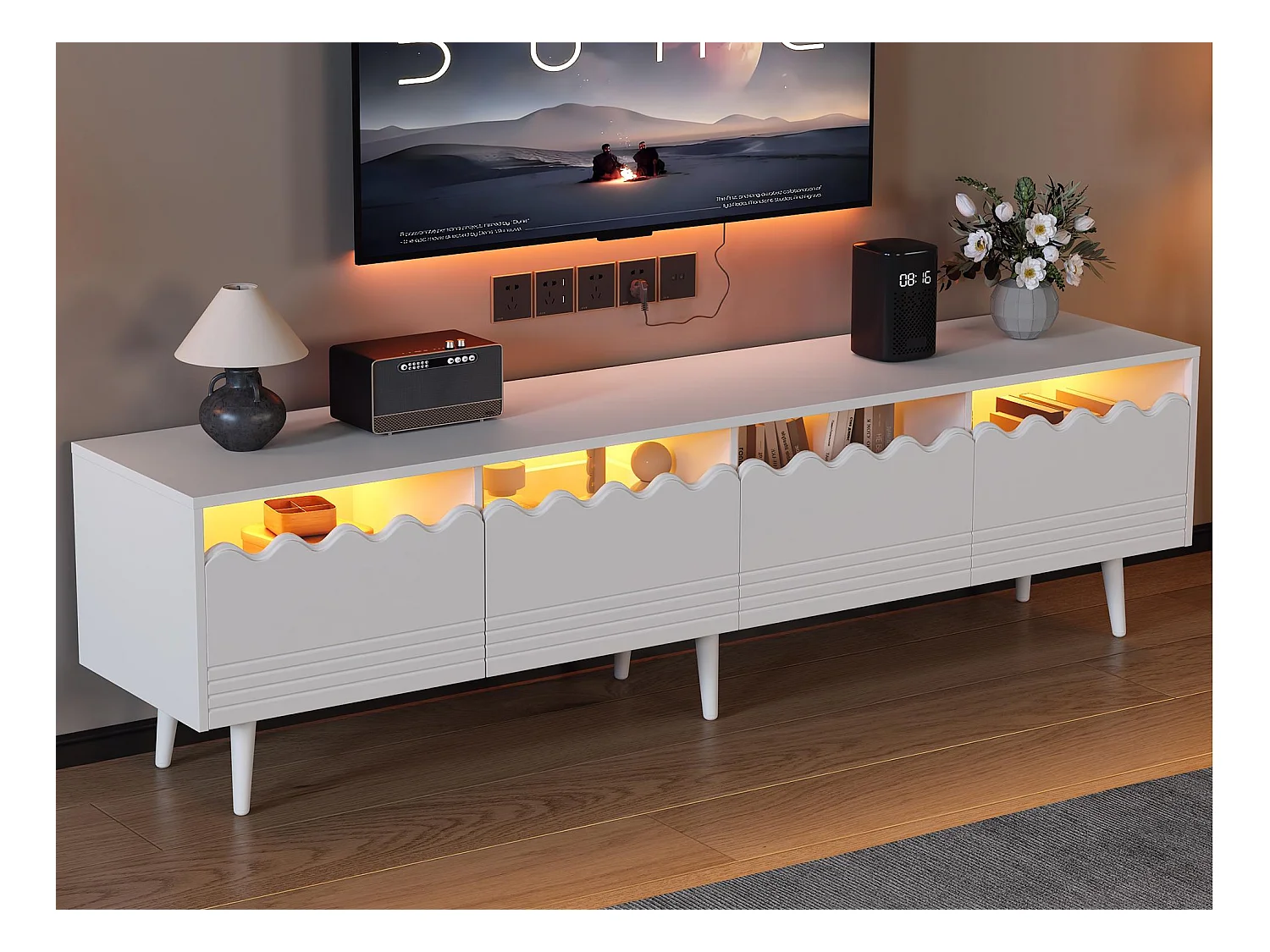 Mueble para TV 176×38×45 cm - con iluminación LED - con 2 cajones y 2 puertas - blanco