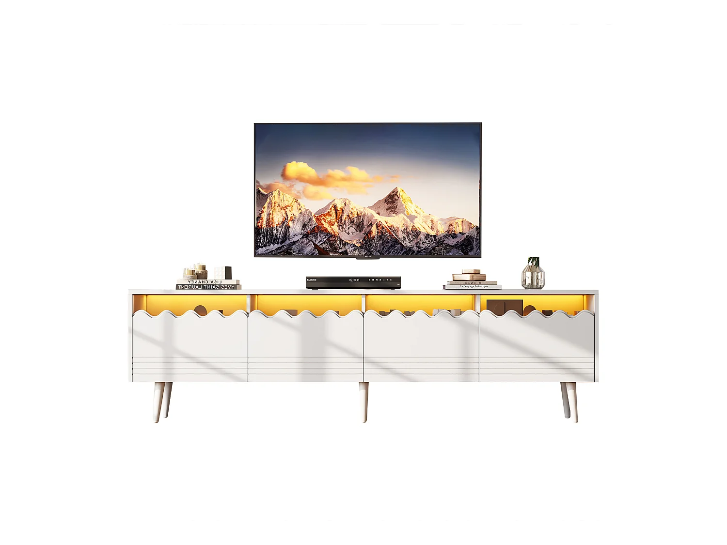 Mueble para TV 176×38×45 cm - con iluminación LED - con 2 cajones y 2 puertas - blanco