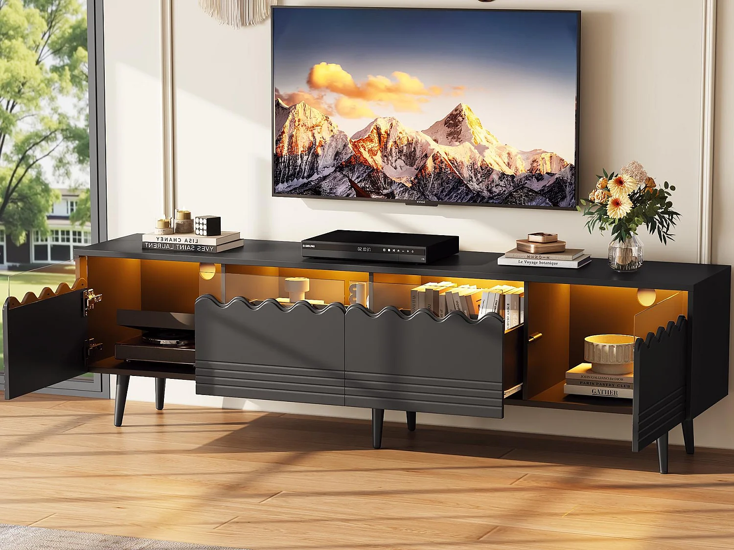 TV-Schrank 176×38×45 cm - mit LED-Beleuchtung - mit 2 Schubladen und 2 Türen - schwarz