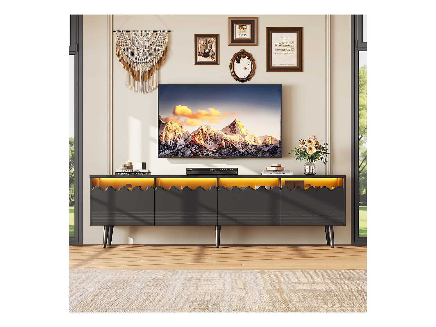 TV-Schrank 176×38×45 cm - mit LED-Beleuchtung - mit 2 Schubladen und 2 Türen - schwarz