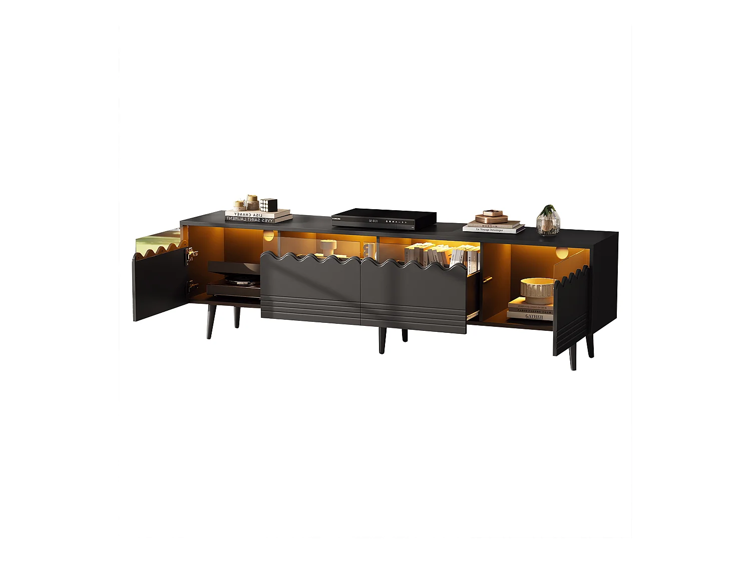 TV-Schrank 176×38×45 cm - mit LED-Beleuchtung - mit 2 Schubladen und 2 Türen - schwarz