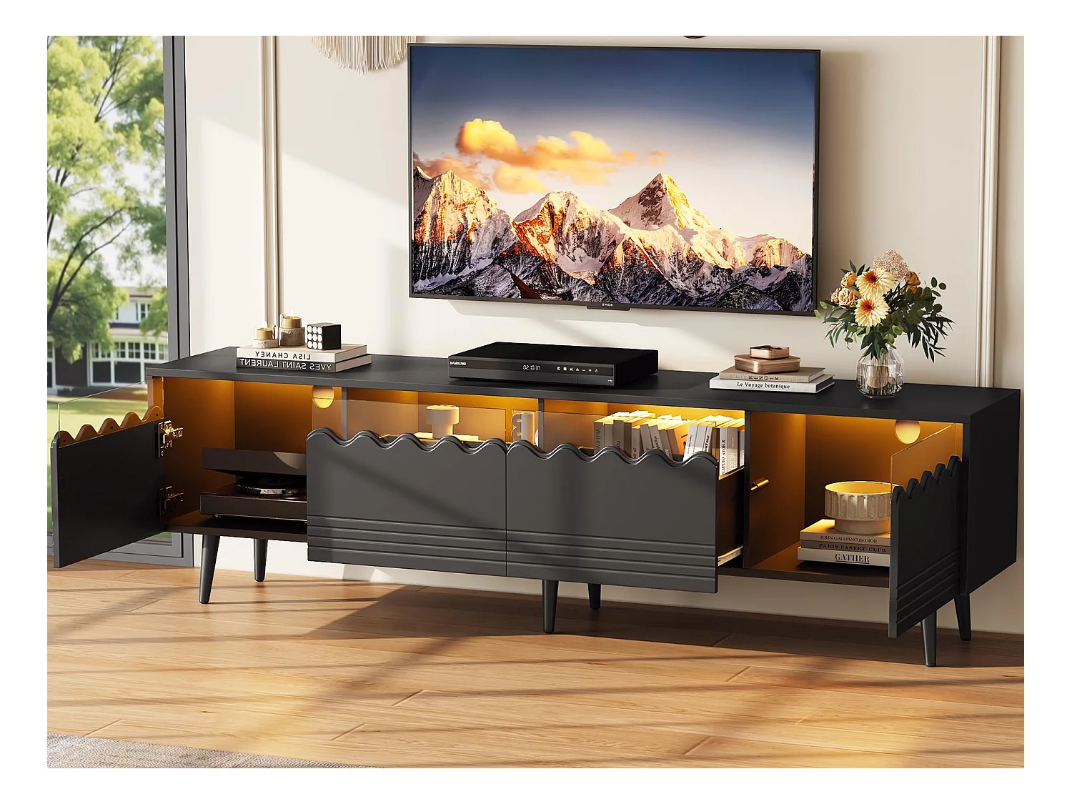 Meuble TV 176x38x45cm - avec LED - avec 2 tiroirs et 2 portes - noir