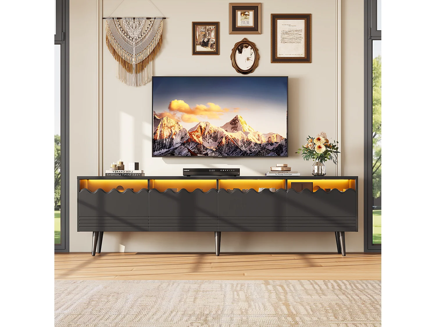TV-Schrank 176×38×45 cm - mit LED-Beleuchtung - mit 2 Schubladen und 2 Türen - schwarz
