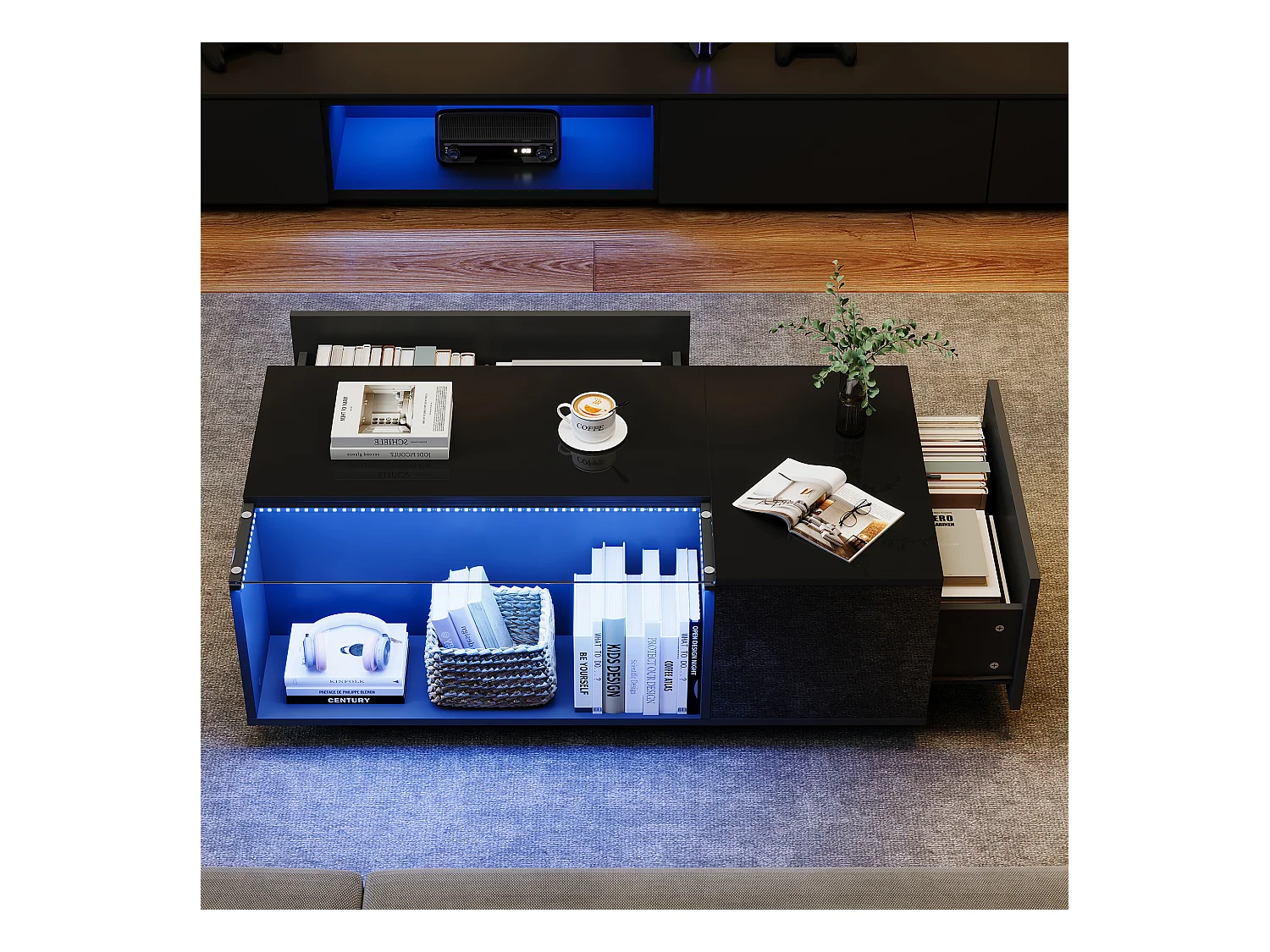 Stolik kawowy 100×50×35 cm - z oświetleniem LED - 2 szuflady - czarny