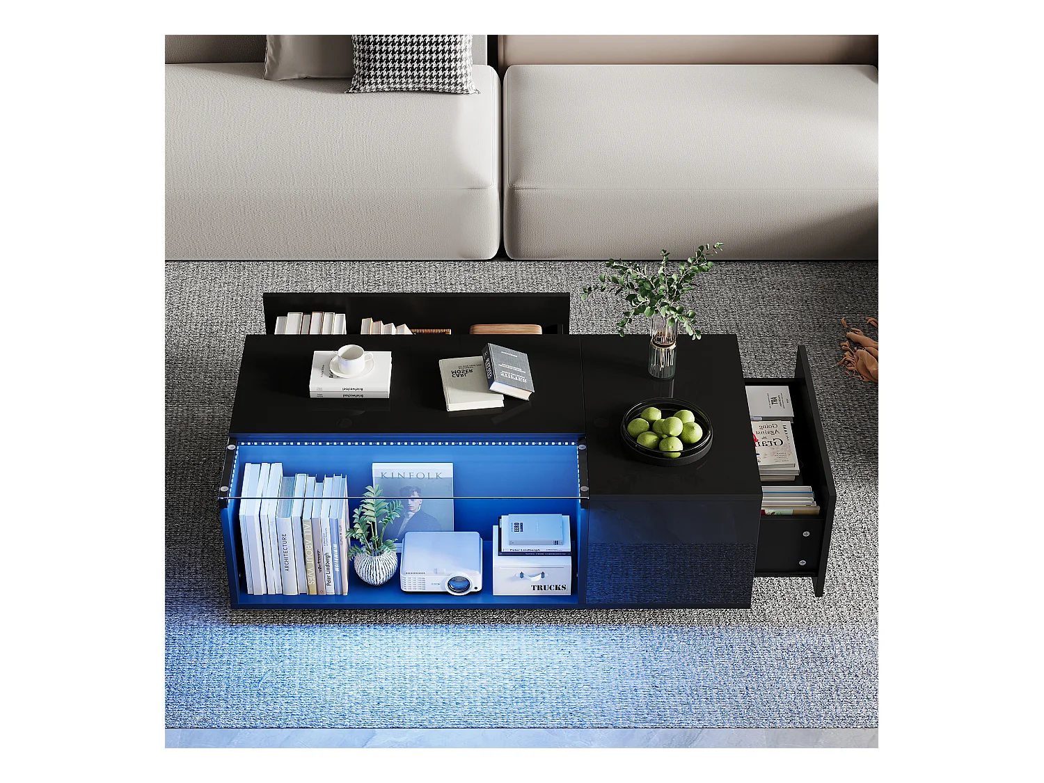 Stolik kawowy 100×50×35 cm - z oświetleniem LED - 2 szuflady - czarny